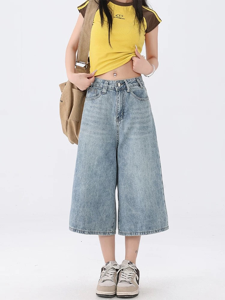 MZVZ American retro blue wide-leg denim cropped pants women's spring 2025 new high waist slim straight shorts