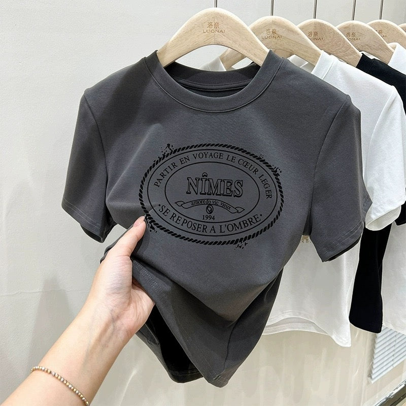 Pure cotton 2023 summer new short-sleeved T-shirt women's slimming half-sleeved printed body short top ins trend