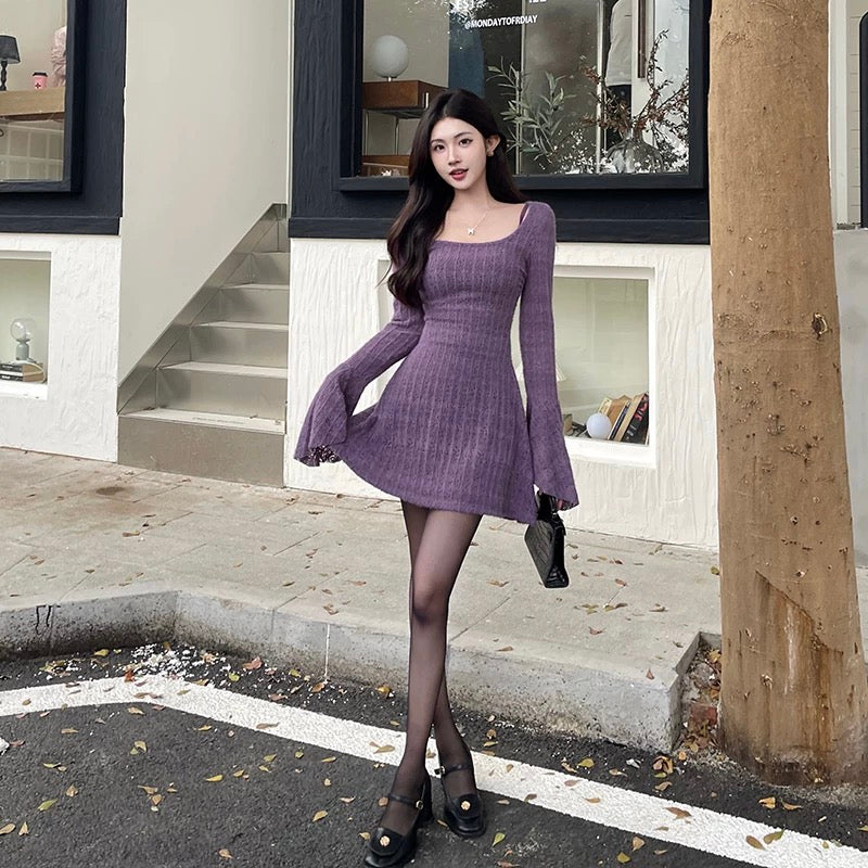 GirlsAt18 sexy lace knit dress women's autumn and winter suit skirt long-sleeved blouse suspender purple long skirt