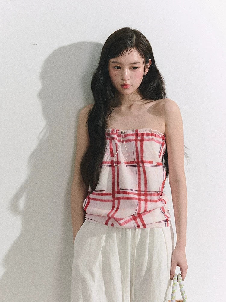 OIOI ESSE/"Misty Rose Rhythm" Light Spring Series Retro Hand-Painted Print Red Plaid Bandeau Top for Women