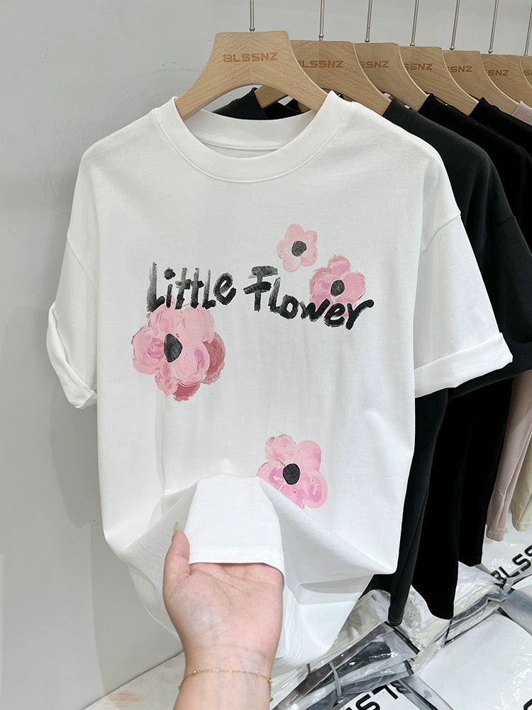 Pure cotton printed letter flowers right shoulder short-sleeved T-shirt for women 2024 new summer design loose top T-shirt