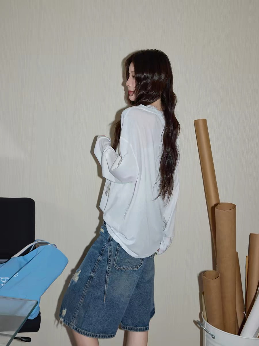 Chaochao's American-style blue washed distressed cropped jeans for women, 2026 summer, loose fit, wide leg, straight leg, mid-length.
