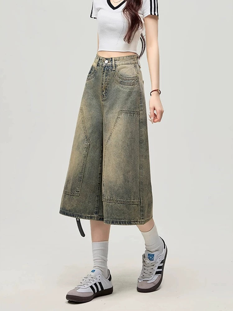 MZVZ American retro wide-leg denim cropped pants women's summer old loose straight pants high waist 7-point shorts