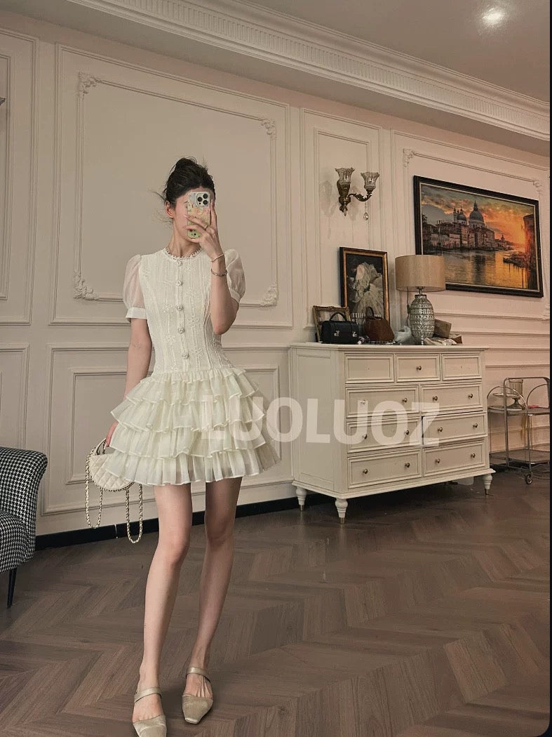 LUOLUOZ【Moonlight Teacup】Elegant Mesh Sleeves, Slim Waist, Cake Dress, Short Dress cc103