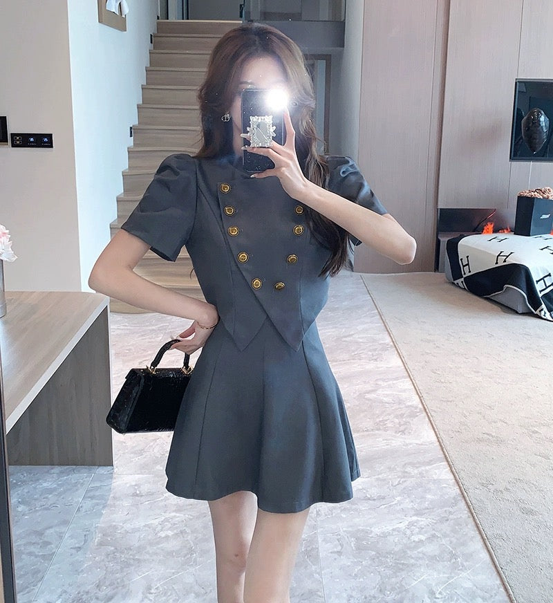 High-end small fragrance summer suit skirt for women summer puff sleeve Korean top short high waist skirt two-piece set