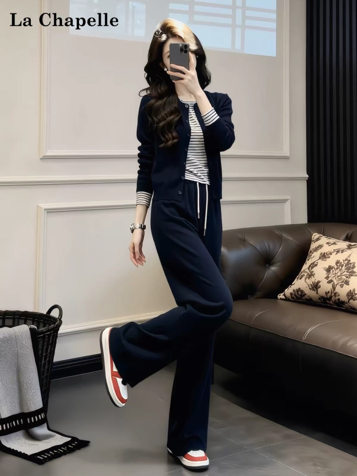 La Chapelle Trendy Korean-Style Striped "Faux-Layered" Top & High-Waisted Drawstring Wide-Leg Pants – Autumn Casual Athleisure Set