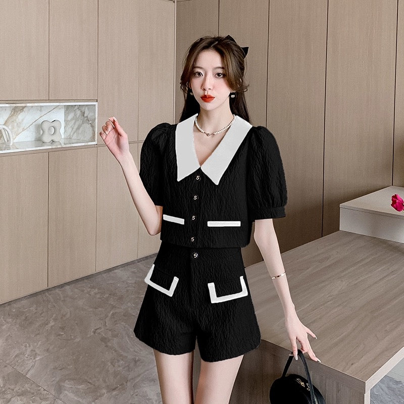 Xiaoxiangfeng suit culottes for women summer niche design short top high waist wide leg pants two piece set fashionable small dress