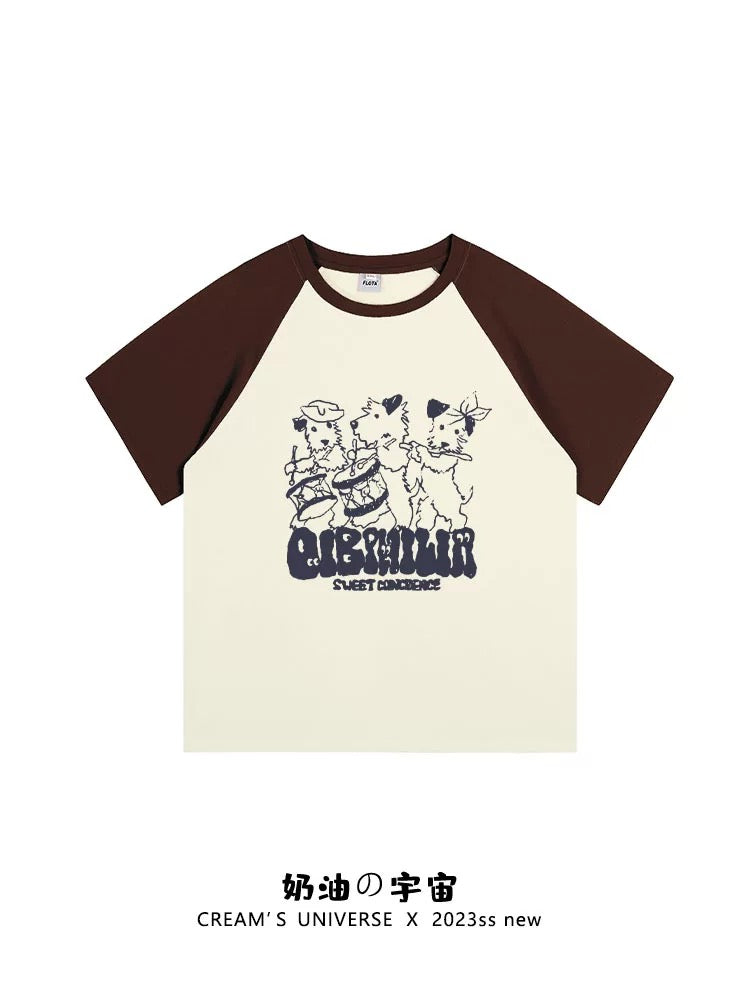 Cream Universe Cartoon band puppy raglan short-sleeved T-shirt for women Hong Kong chic slim half-sleeved summer new style