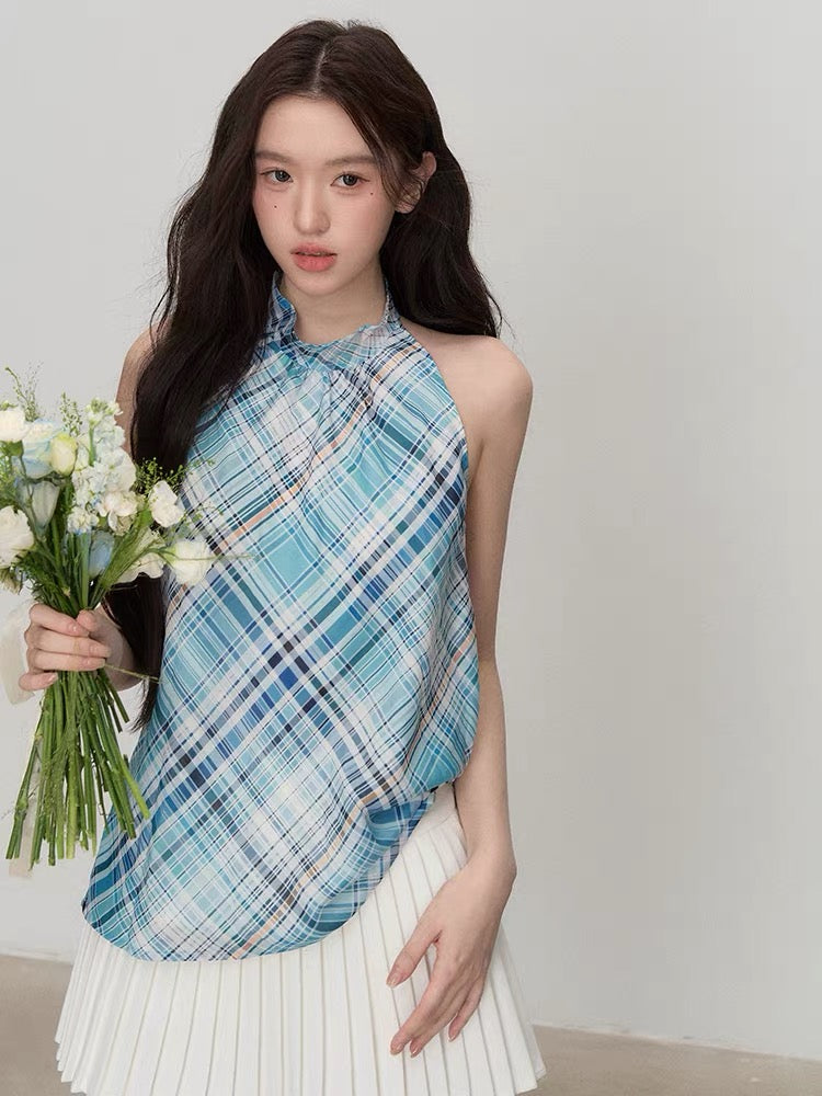 OIOI ESSE/"Your Shallow Sea Summer" Sea Salt Mint Plaid Halter Neck Vest for Women, Summer Design Top