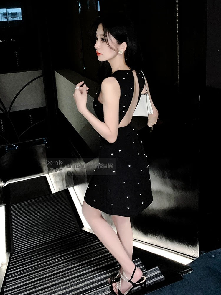Dress high-end light luxury niche high-end birthday party evening dress female French nail diamond black temperament dress