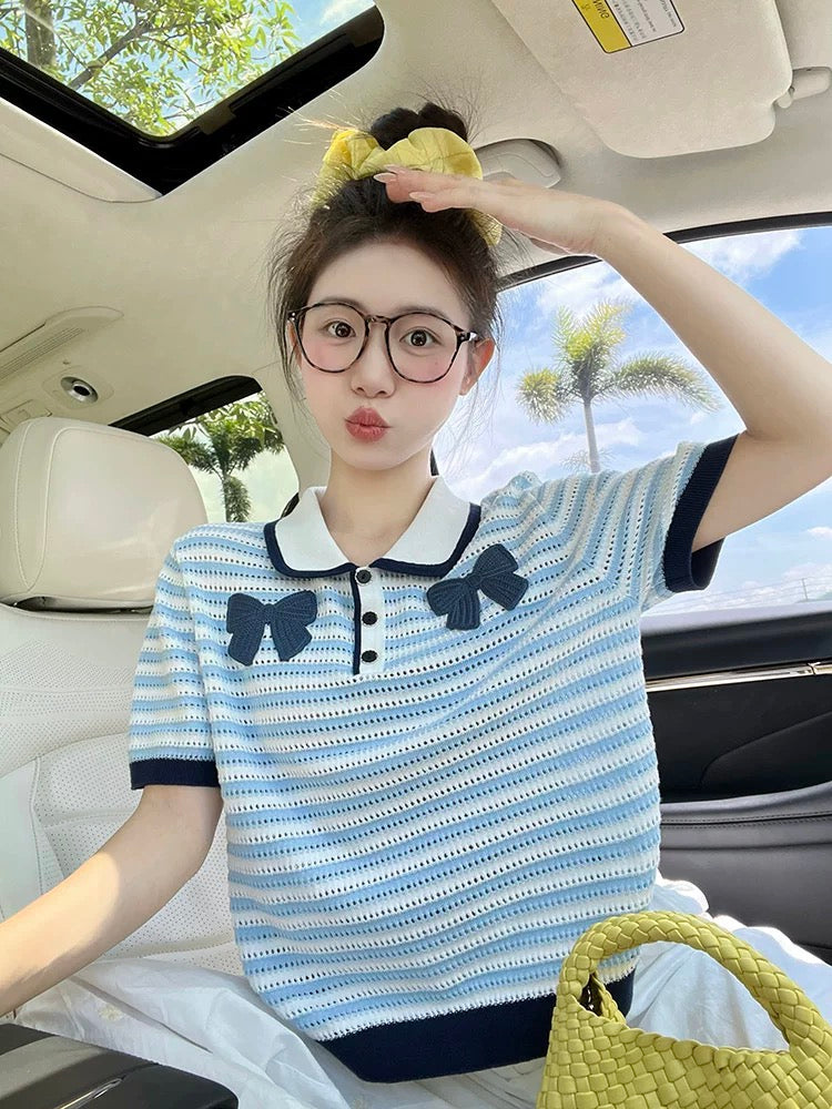 Striped Polo collar short-sleeved T-shirt women's summer new design sense college style bow hollow knitted top trend