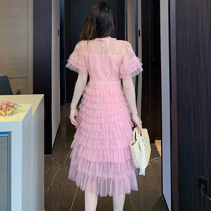 Celebrity style design lace splicing long dress women's summer gentle style waist slimming mesh cake skirt