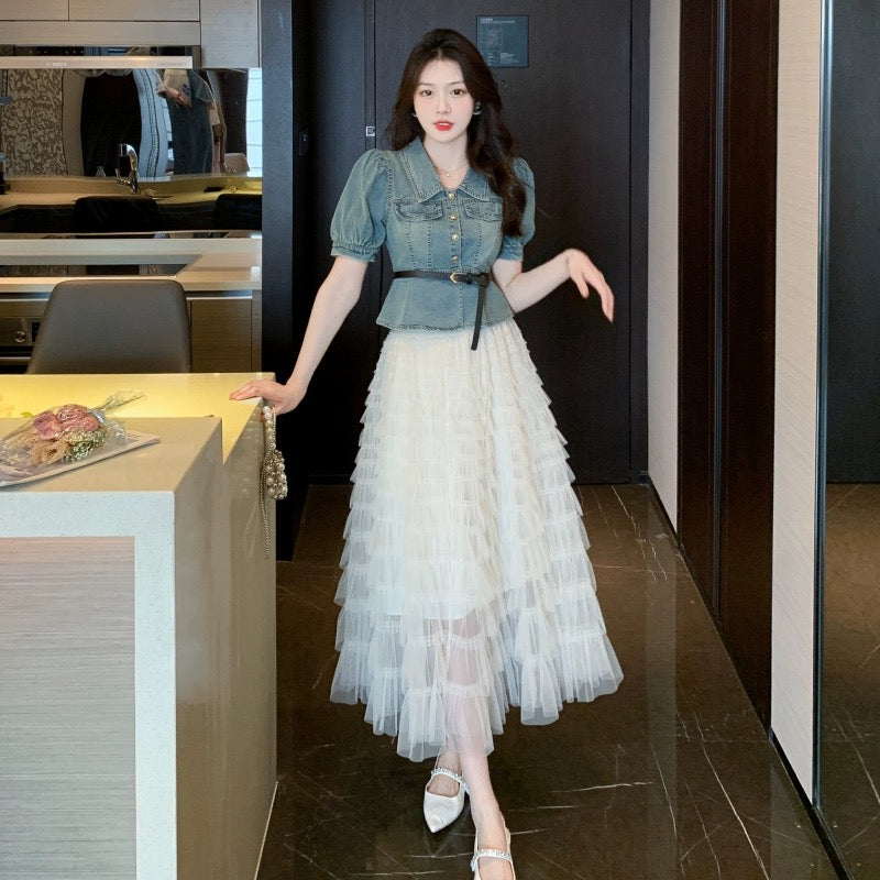 Retro denim suit for women summer puff sleeve denim top cake gauze skirt two-piece set high waist mesh skirt