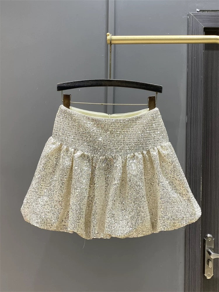 High-waisted flower bud skirt for women autumn and winter 2024 new niche design heavy industry sequined tutu skirt a-line short skirt