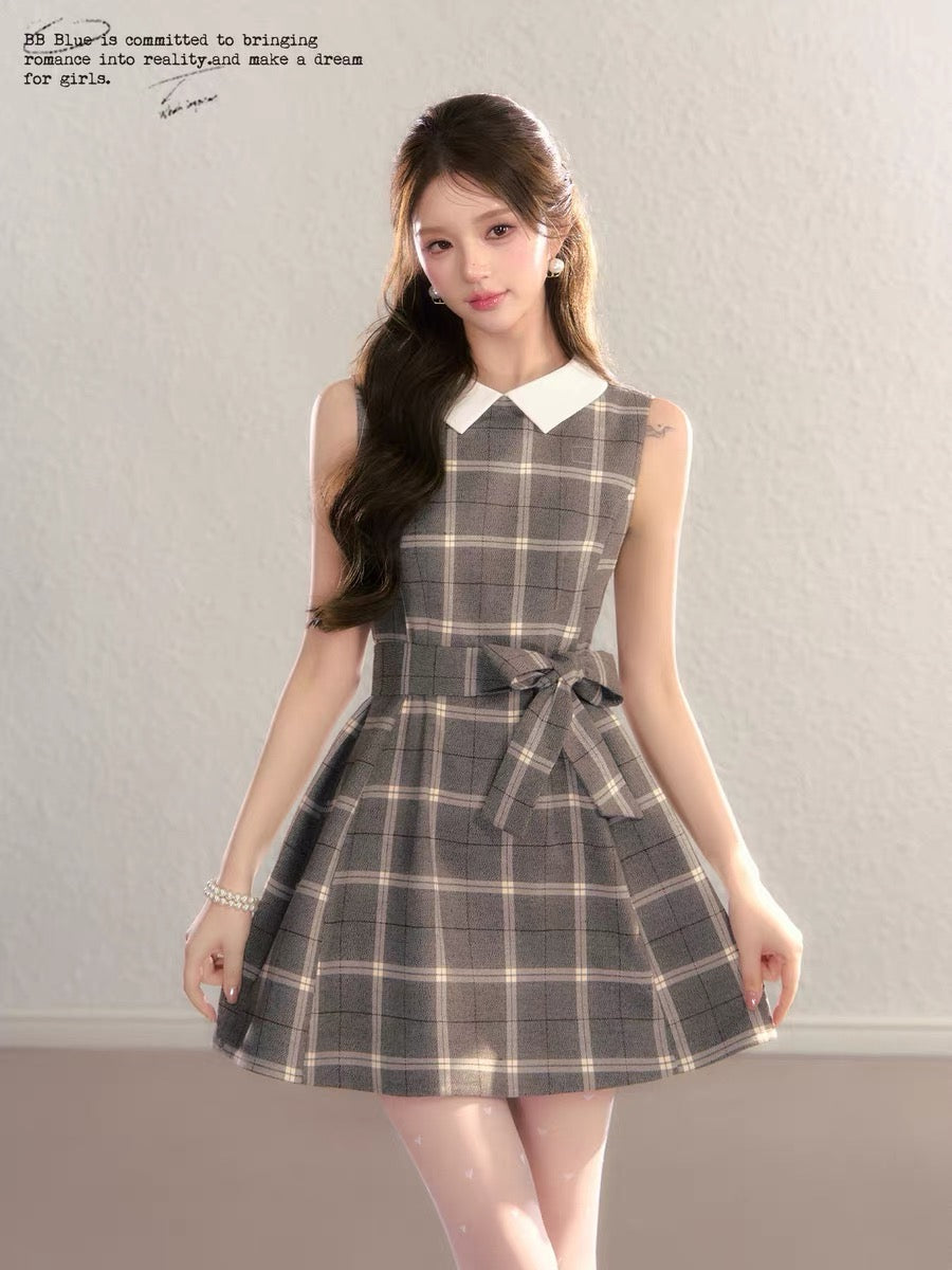 BBBLUE Original Design / Miss Plaid / Brown Plaid Everyday Commuter Dress for Women, High-End Vest Dress