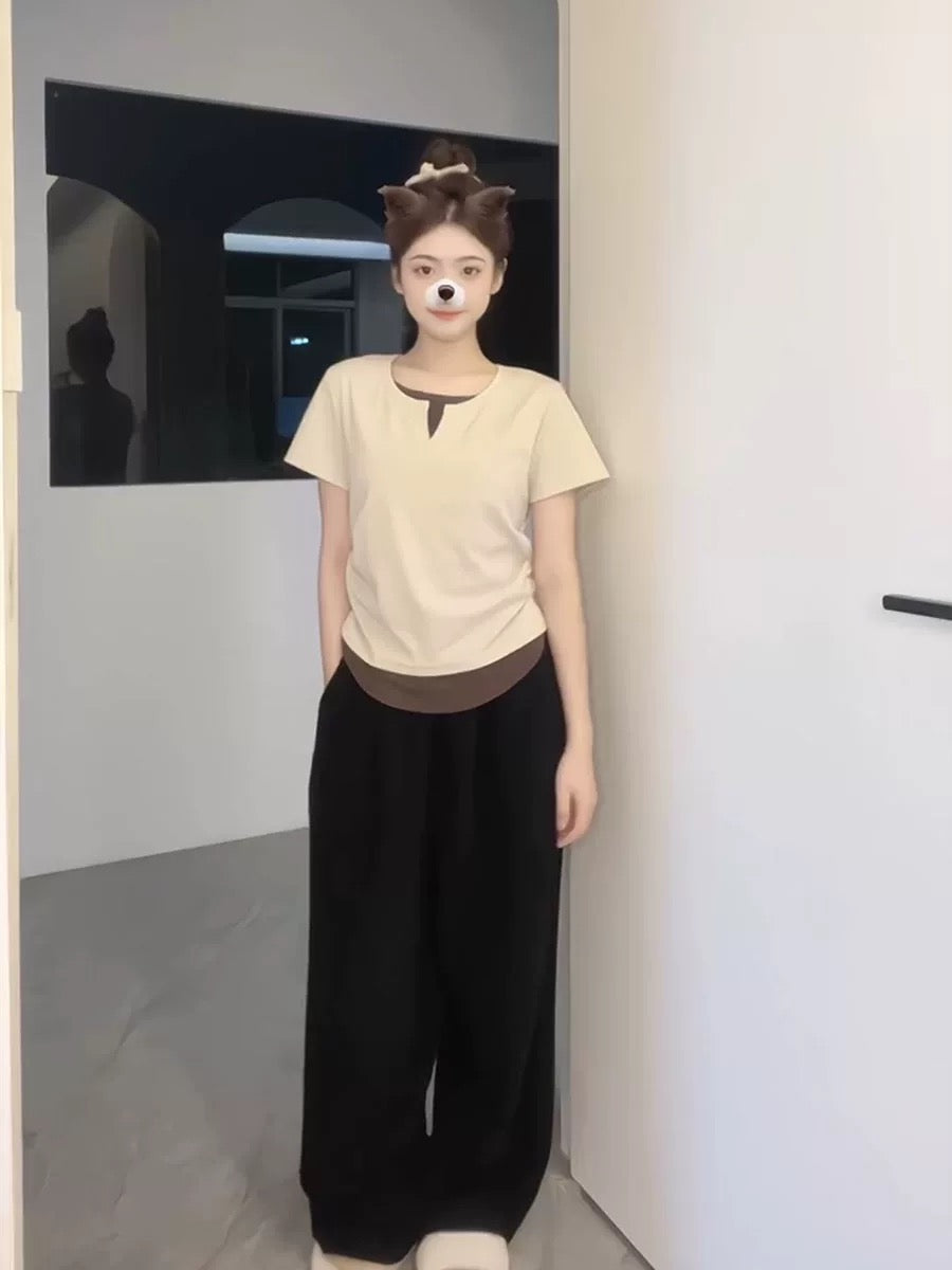 Cream Universe Designed Fake Two-piece Right Shoulder Short Sleeve T-Shirt Women's Japanese Style Waistless Short Top Summer New Style