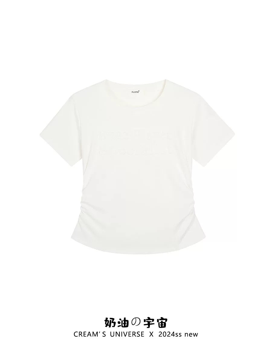 Cream Universe Three-dimensional letters burgundy right shoulder short-sleeved T-shirt women's retro waisted short top summer new style