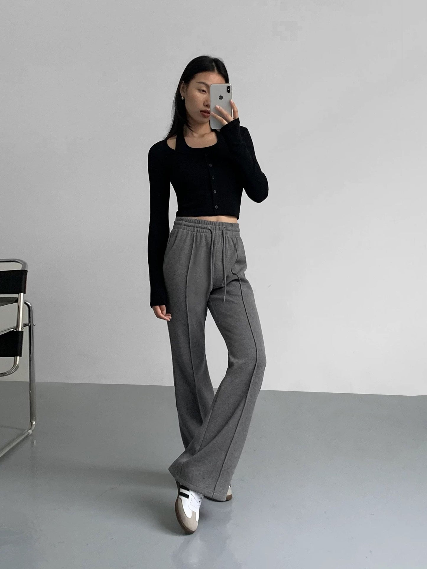 NEVA HU gray velvet micro-flare pants casual pants for women autumn and winter new high-waisted loose straight wide-leg trousers