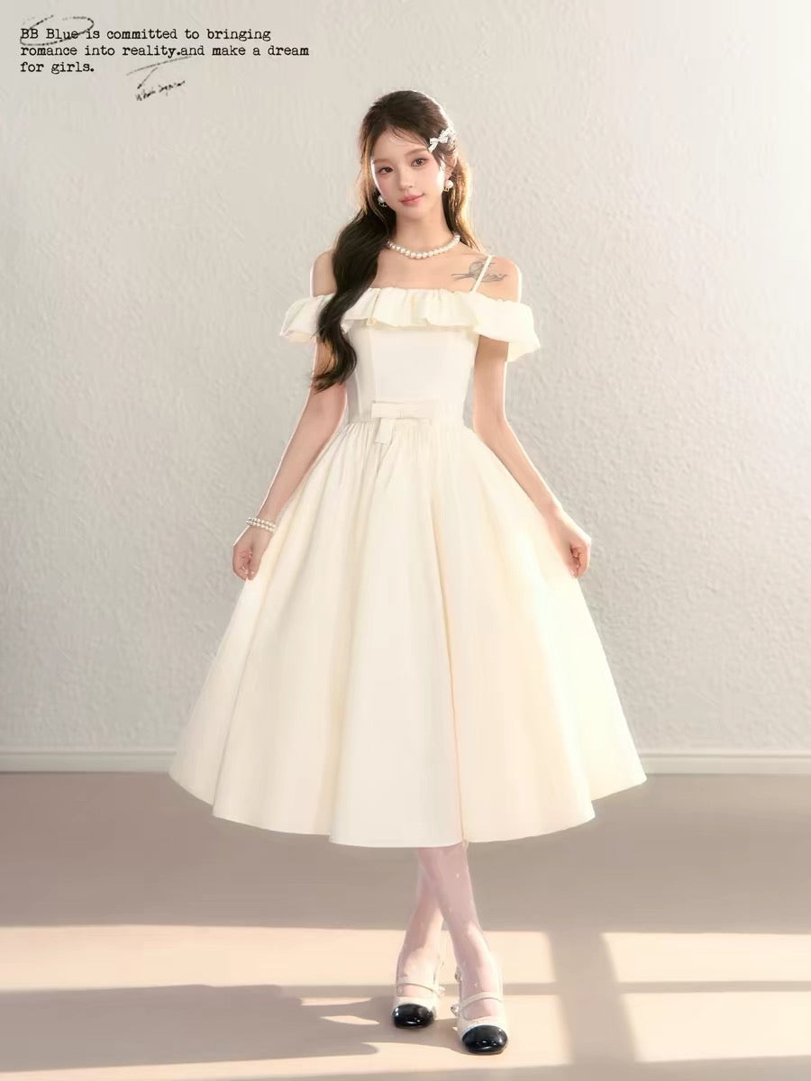 BBBLUE Original Design / Pure White Moonlight / High-End Elegance Off-Shoulder A-Line Waist-Defining Ruffle Dress