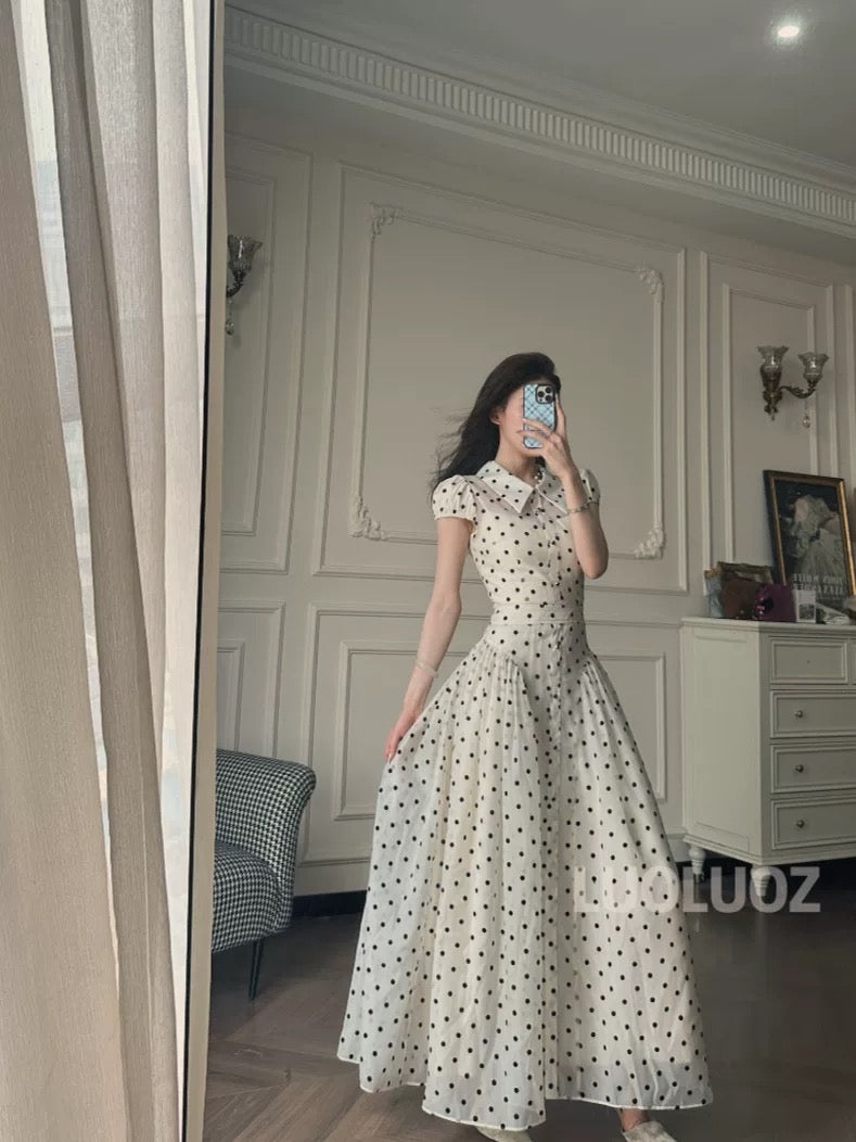 LUOLUOZ【Dream Lake】Elegant Polo Collar Fashionable Mesh Polka Dot Long Dress JF928