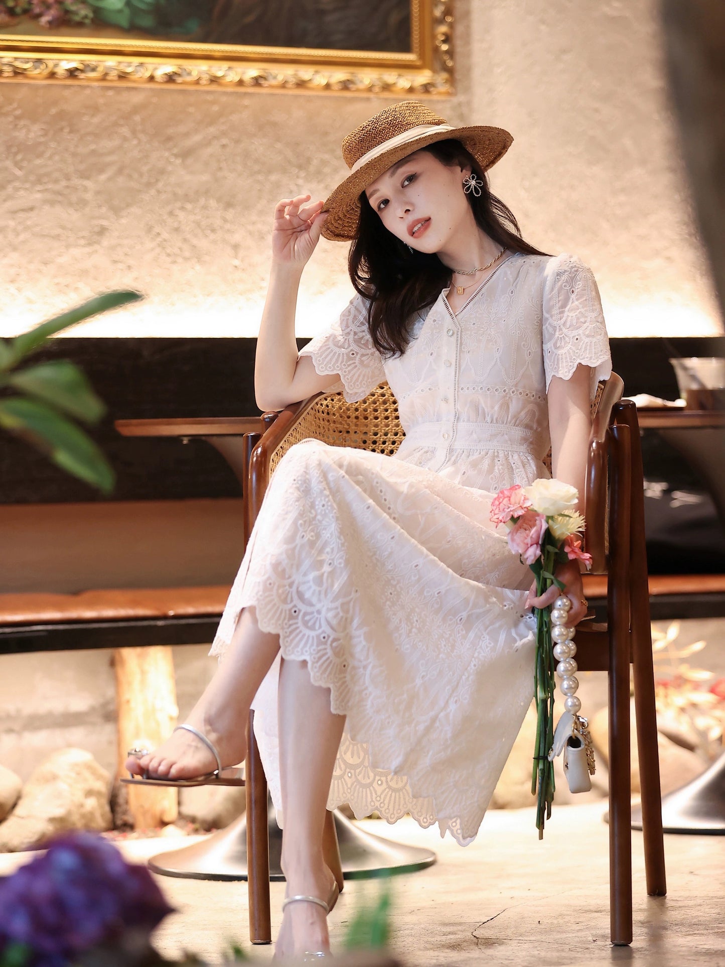 Pumpkin Valley White Lily of the Valley Tencel Heavy Industry White Embroidery French V-neck Dress Women's 2024 Summer Skirt