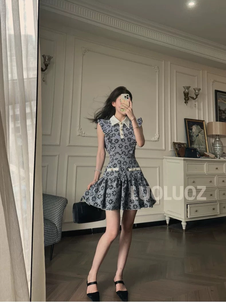 LUOLUOZ 【Floral Goddess's Grace】Exquisitely Beautiful Floral Patchwork Fashionable and Light Luxury Short Dress CC177