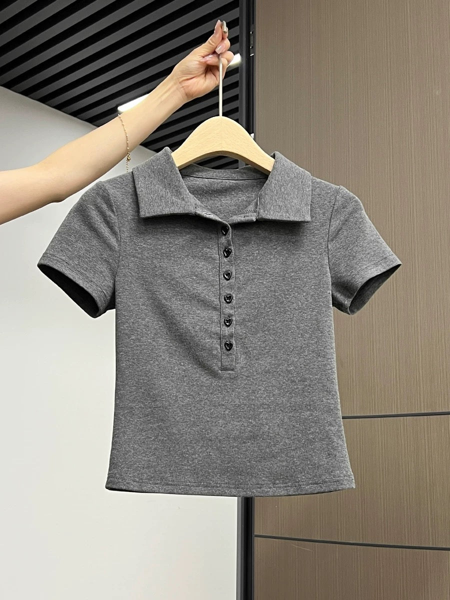 Xia Zhen Grey Korean Style College Style Polo Collar Button-Down Short Sleeve T-Shirt Women's Summer Hot Girl Slim Fit Top