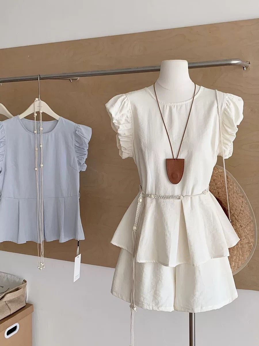 French Hepburn style temperament design waist tie short-sleeved top elastic waist shorts age-reducing fashion suit for women