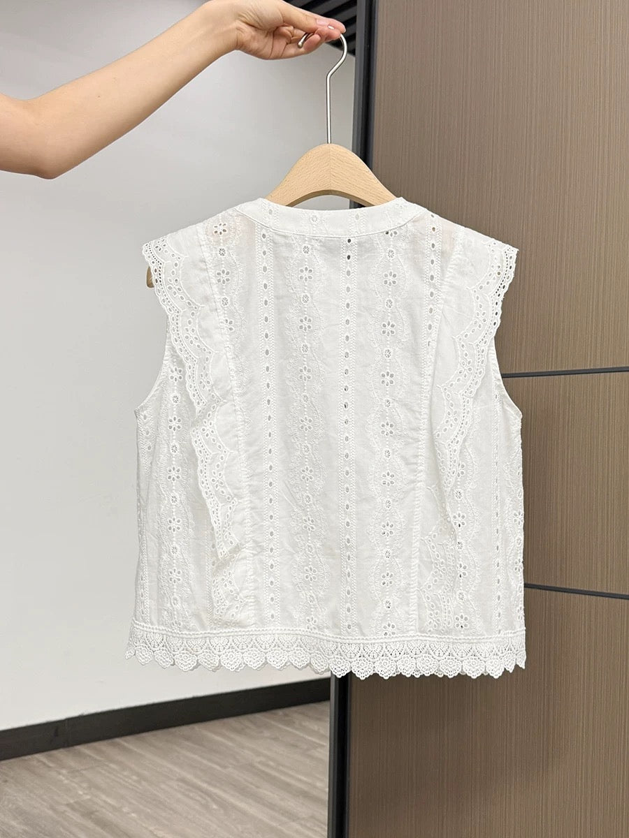Xia Zhen Korean Style Chic Lace Embroidery Round Neck Short Sleeve Women's 2025 Summer Loose Single-Breasted Top
