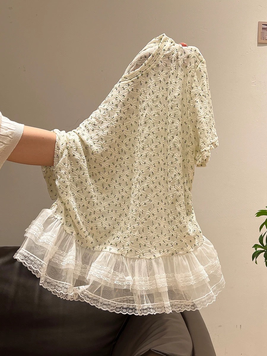 French ballet style lace trim hem slim fit short-sleeved T-shirt for women, 2025 summer chic floral print top.