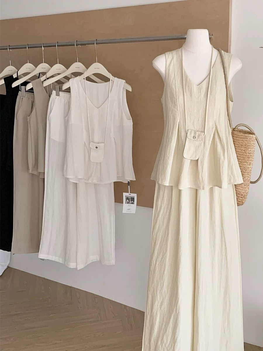 Fashionable tea break outfit, lazy and relaxed V-neck vest top, wide-leg trousers, Korean style fashion two-piece suit