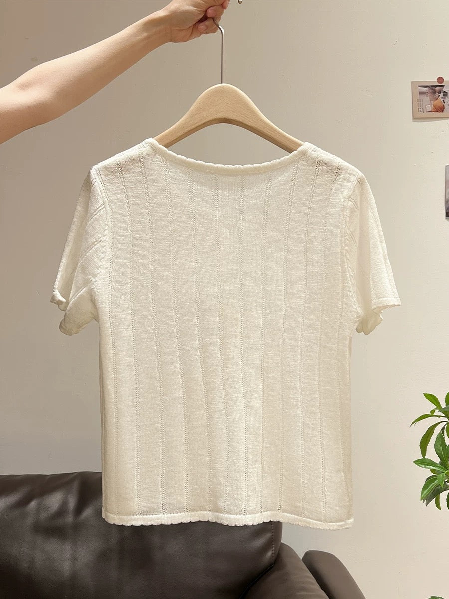 Xia Zhen French Sweet Round Neck Solid Color Short Sleeve Knit Top 2025 Summer Design Loose Cropped Top