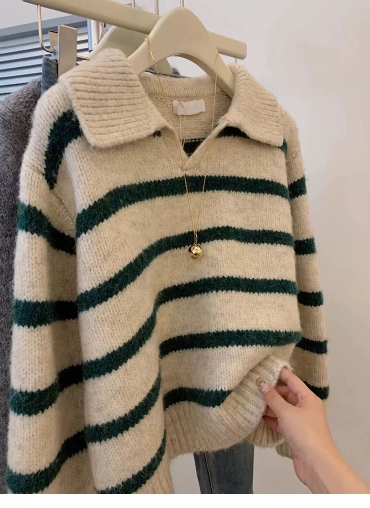 Green striped lapel pullover cashmere sweater jacket women's autumn and winter 2025 new lazy style wool sweater