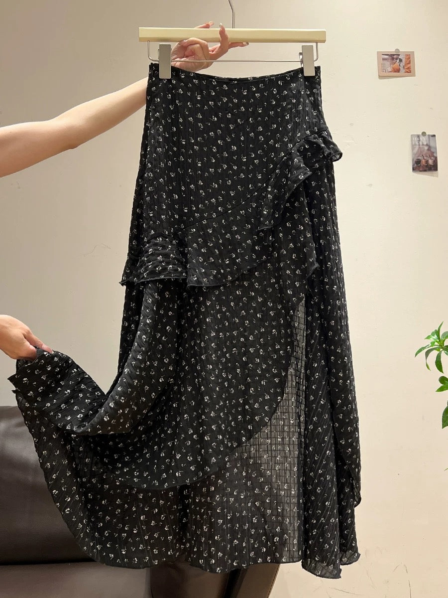 Xia Zhen Black Floral Print Thin Skirt for Women, Summer Style, Irregular Hem, Unique Design