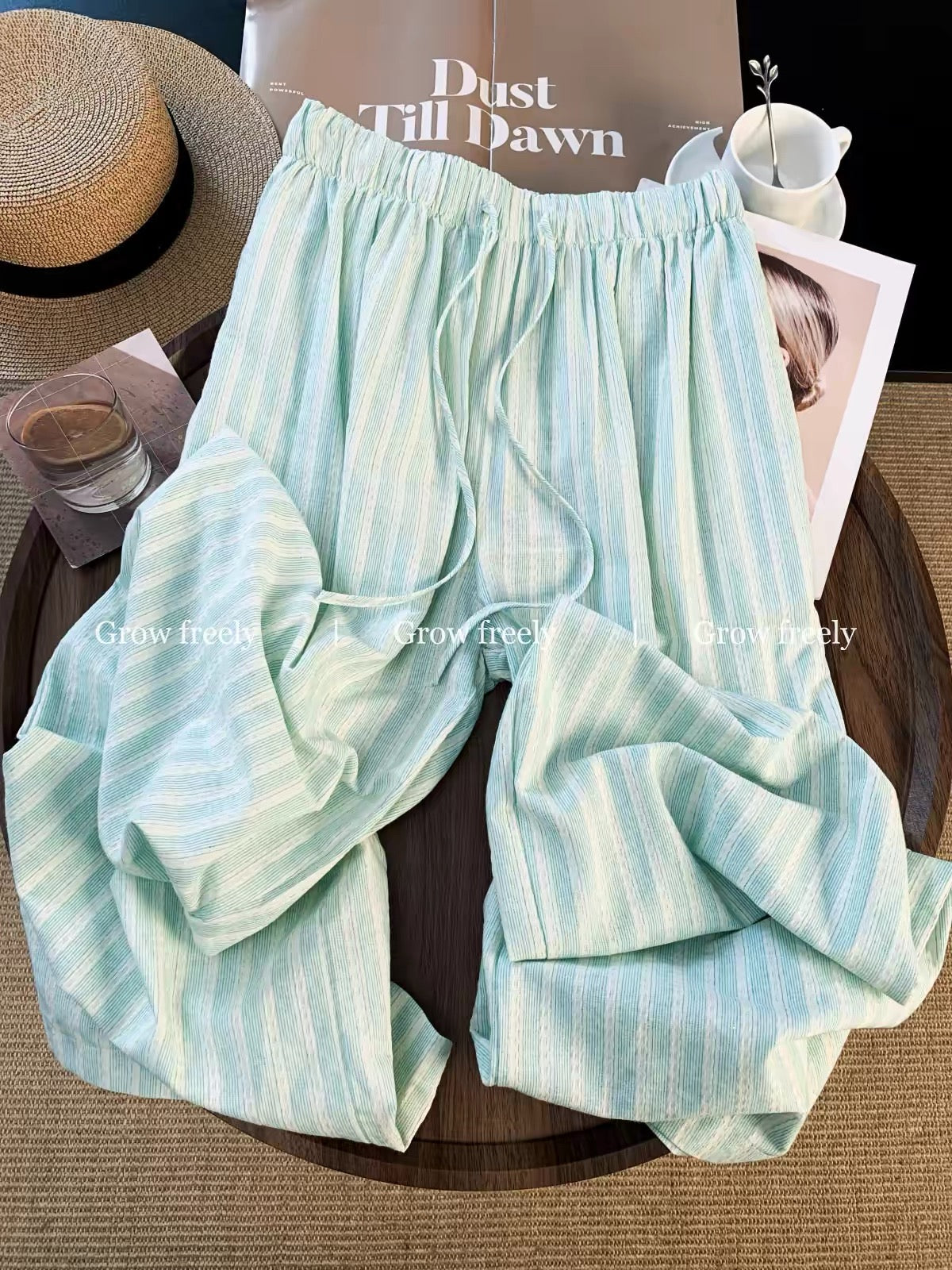 Grow freely dopamine green striped wide-leg pants, new summer style, high-waisted, slimming, loose, casual long pants.