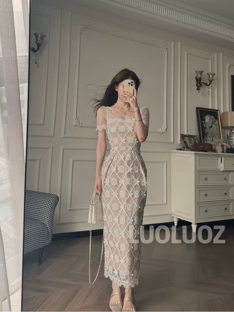 LUOLUOZ 【Heartbeat Supreme】Exquisitely Elegant Mesh Sleeve Waist-Defining Long Dress JF832