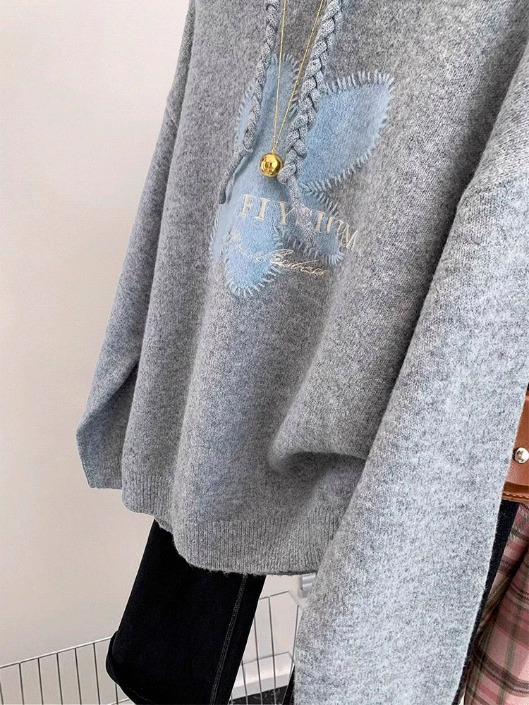 Gray pullover hooded sweater for women in autumn and winter, 2024 new loose and lazy style knitted top for outer wear and inner wear