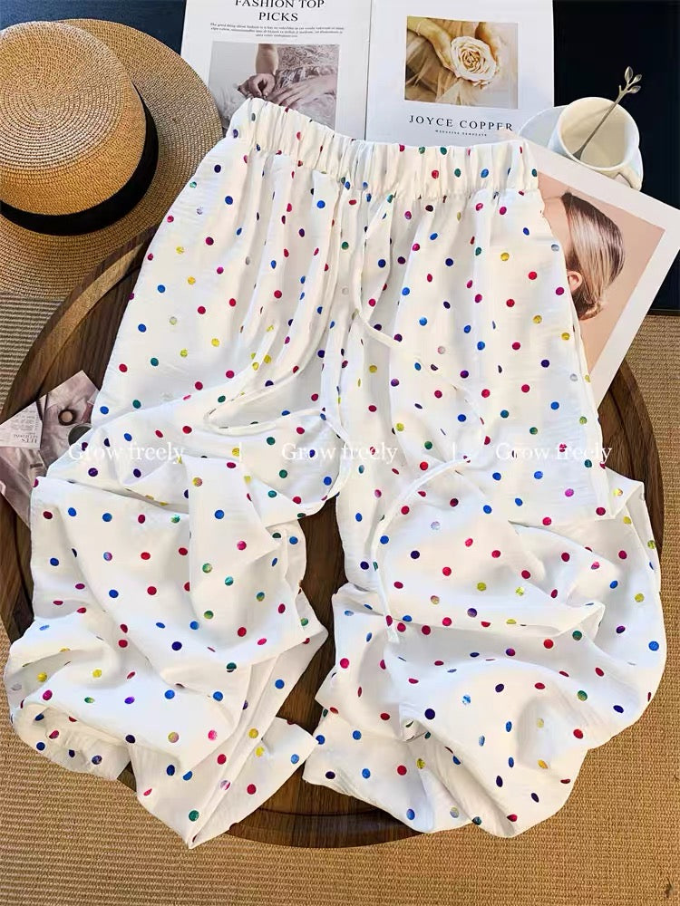 Grow freely Colorful polka dot wide-leg pants for women, summer style, thin, high-waisted, slimming, loose, casual straight leg pants