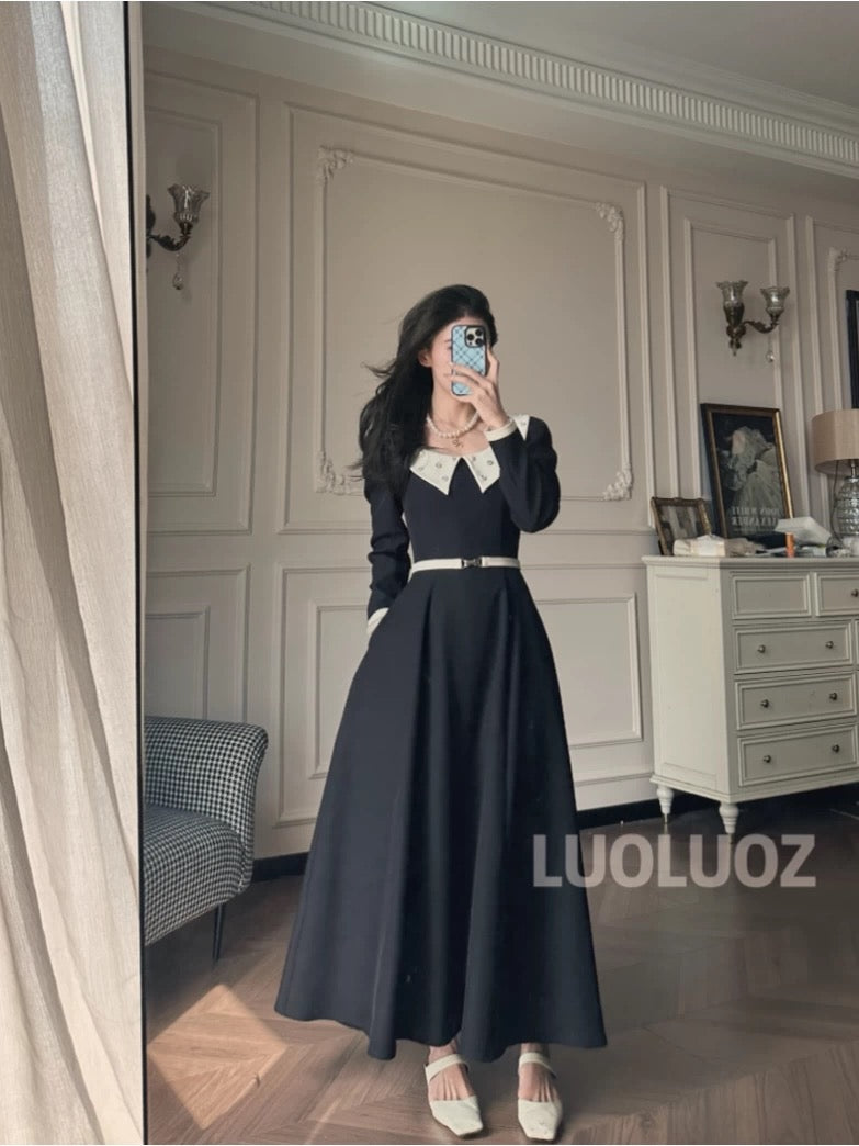 LUOLUOZ 【Autumn Breeze】Sophisticated and Elegant Color-Blocked Long Dress CC232