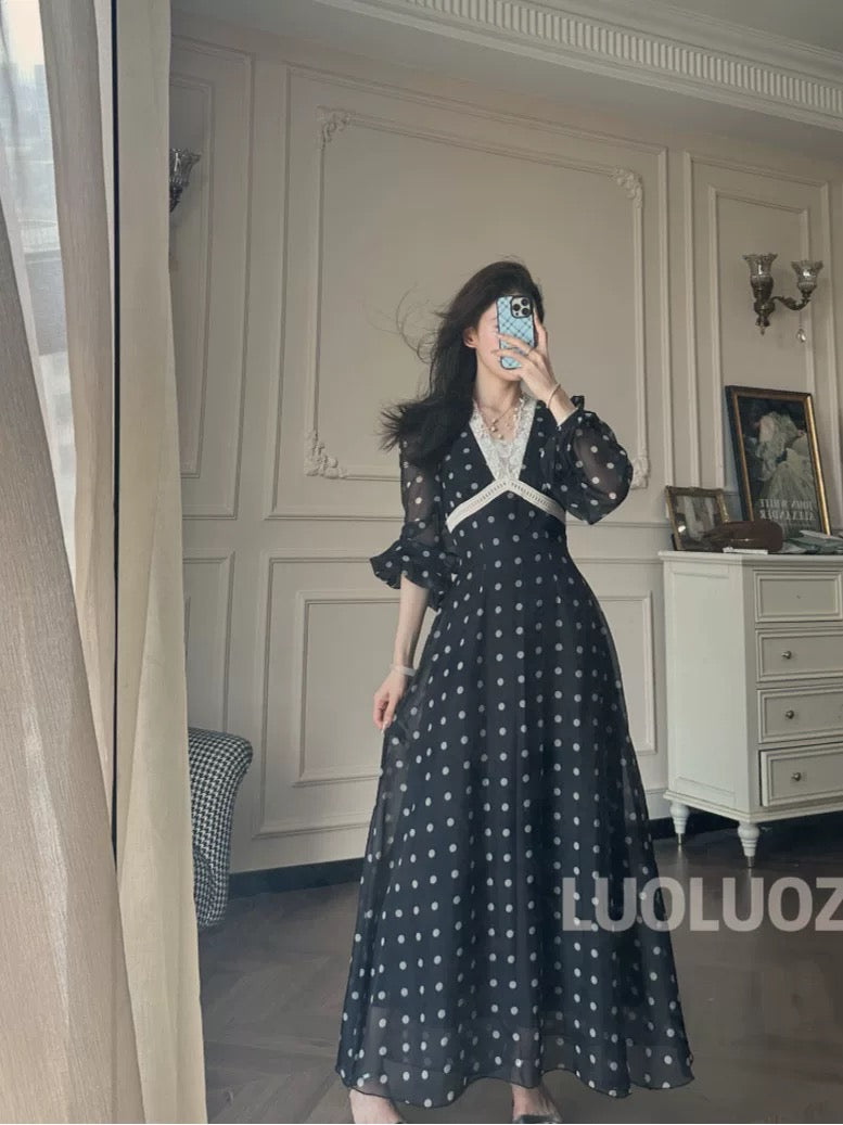 LUOLUOZ【Dynamic Beauty】High-End Elegant Long-Sleeved Mesh Polka Dot Fashion Long Dress CC195
