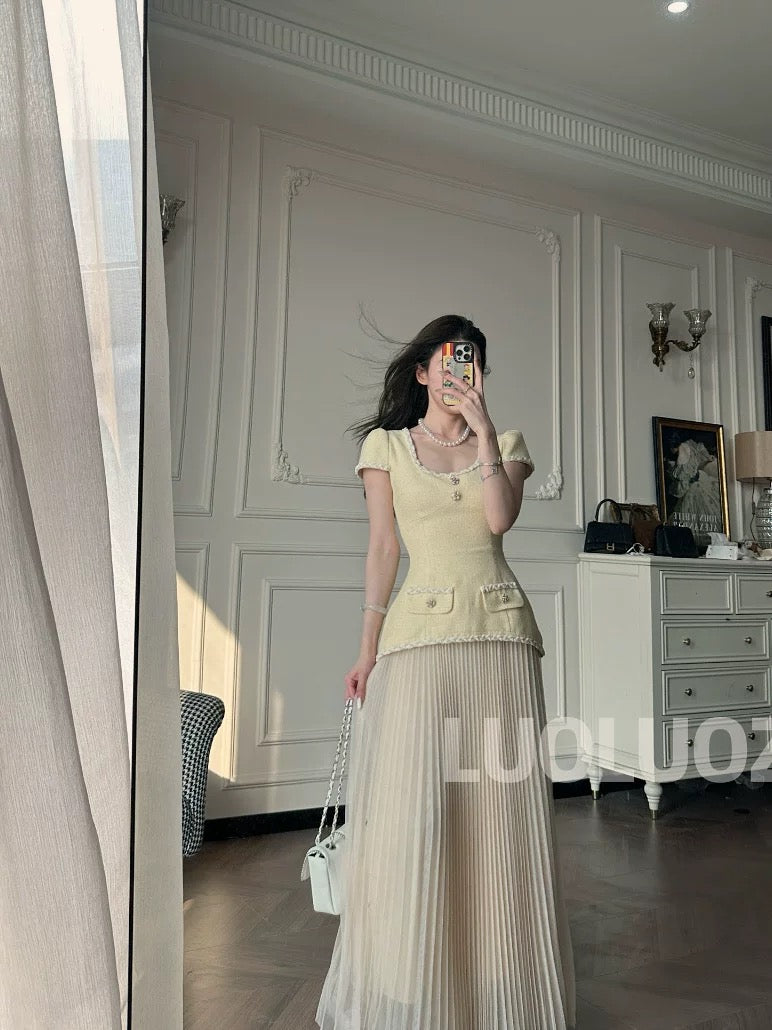 LUOLUOZ【Clear Sea Overlapping Waves】French High-End Elegance Faux Two-Piece Patchwork Exquisite Long Dress JF639