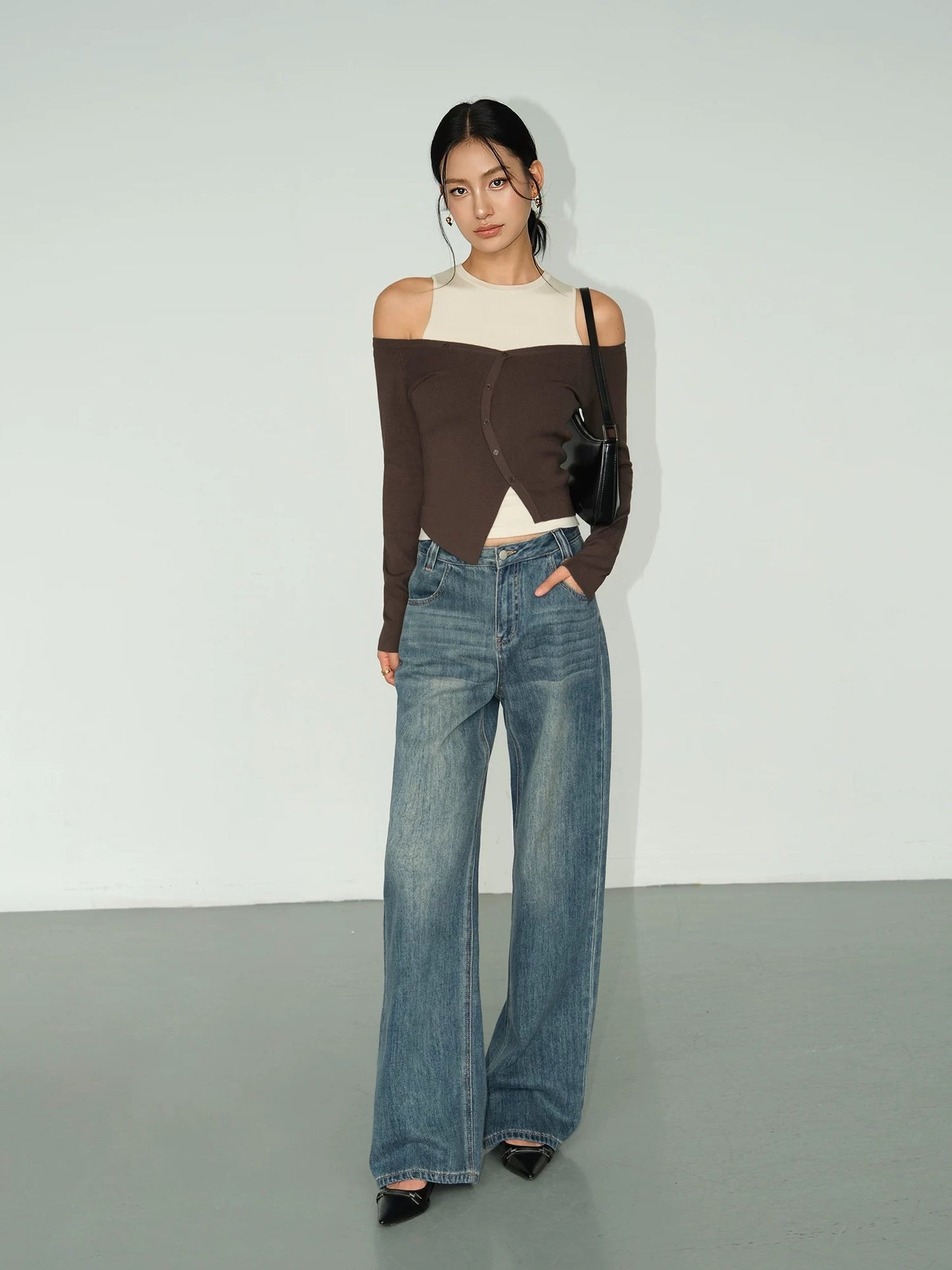 NEVA HU retro wide-leg jeans for women 2024 new high-waisted loose straight-leg slimming and drapey floor-length pants