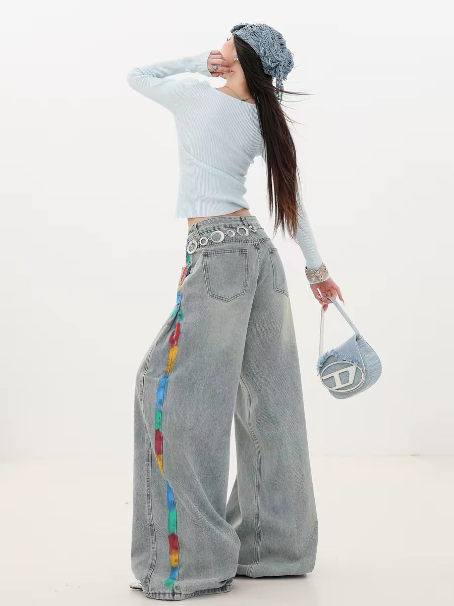 ABWLR Free and Easy Stroll - Original American Graffiti Style Side-Painted Wide-Leg Jeans for Women, Loose Straight Leg Pants