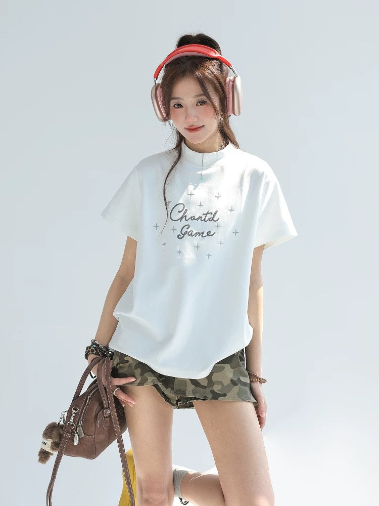 "CHANT2nd" letter embroidered T-shirt women's summer straight shoulder short sleeve loose lazy style chic Korean top