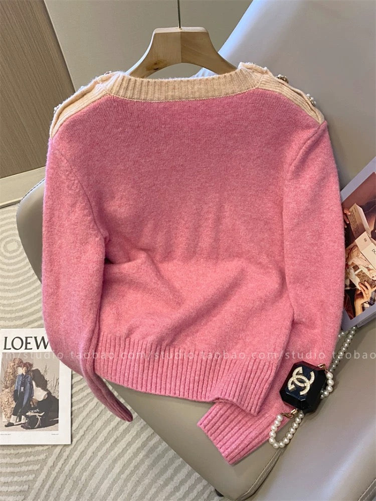 Soft, loose-fitting, sweet, three-dimensional floral crochet color-blocked pullover sweater for women, early spring 2025 new knitted top