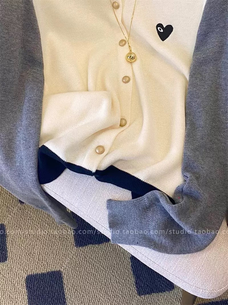 European-style soft and plush round neck color-blocked knitted cardigan for women, new autumn/winter 2025 style, dark blue, versatile long-sleeved top.