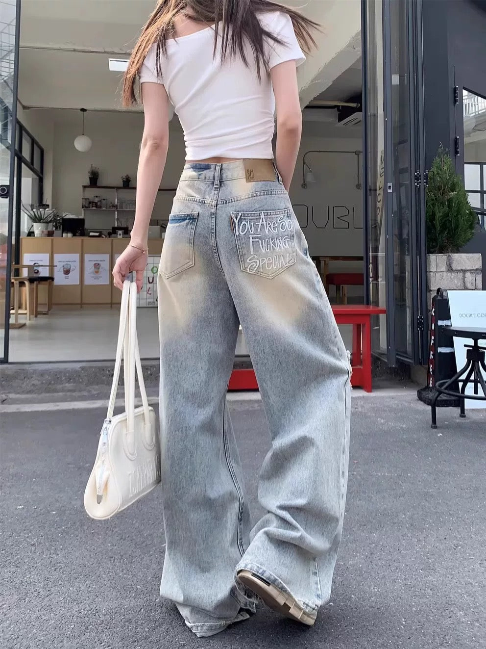 Retro American style ripped jeans loose wide-leg pants trousers women summer high waist washed straight pants mopping pants