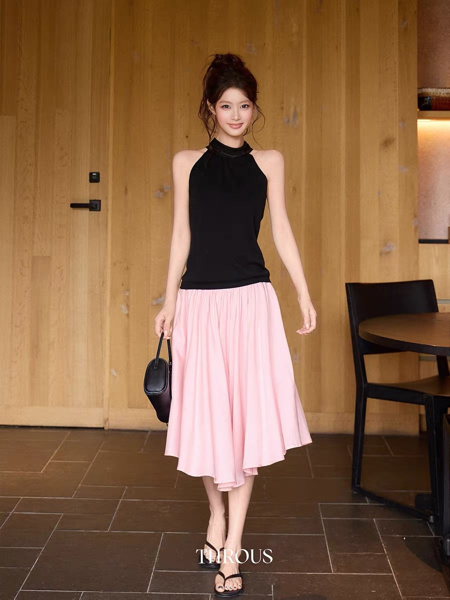 Xie Bu Rou, Lyocell Pink Flowy A-line Linen Full Swing Skirt, Women's Summer Korean Style Loose Mid-Length Skirt