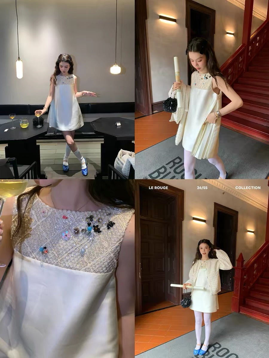 Le Rouge Zhou Meimei's Spring Outing Dress: Heavy-duty Beaded Satin Pleated Dress