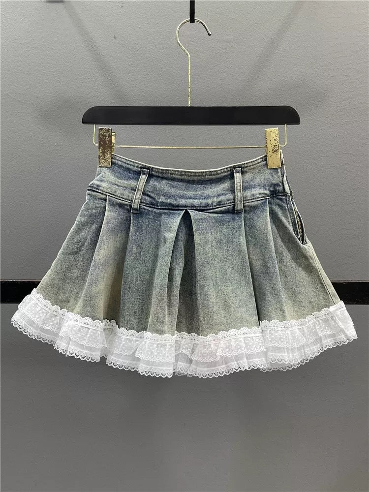 Retro lace denim skirt for women 2025 summer new high waist slim hot girl A-line pleated skirt